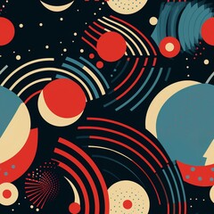 Obraz premium Abstract Geometric Pattern with Circles, Arcs, and Dots on Dark Background