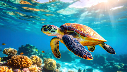 Obraz premium A sea turtle swims gracefully underwater near a coral reef, illuminated by sunlight filtering through the surface.