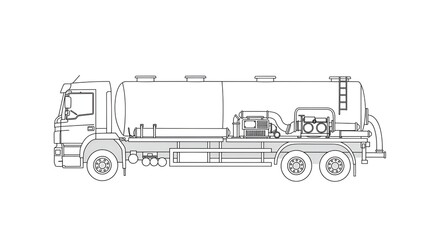 Vacuum Truck Side View Line Drawing Isolated on white background