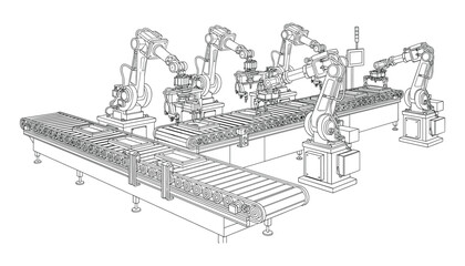 Obraz premium Automated Manufacturing Process: Industrial Robotic Arms and Conveyor Belts in a Production Line