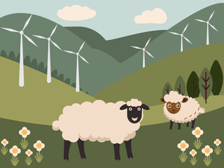 Rolling hills with wind turbines scattered among wildflowers and grazing sheep. Renewable energy in nature concept