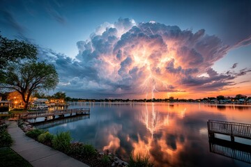 Dramatic sunset storm over lake