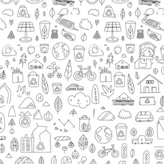 Seamless environmental pattern with recycling symbols, green energy icons, bicycles, eco-friendly houses, nature elements, sustainability, and clean lifestyle doodles.