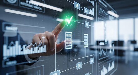 A hand interacts with a holographic interface, approving data flow within a complex system.