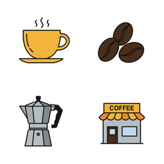 Coffee Icons Set Featuring a Cup Beans Moka Pot and Coffee Shop