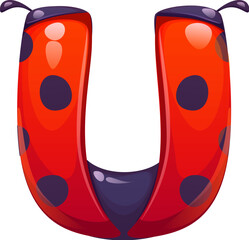 Ladybug cartoon font letter U. Spring ladybird kids ABC typeface sign, garden lady bug vector English alphabet type symbol. Cute ladybug beetle typeset element or cartoon font letter © Vector Tradition