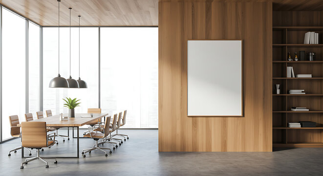 Elegant modern boardroom with a prominent wooden feature wall and a large customizable frame.

