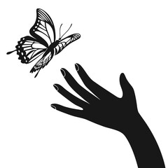 Butterfly landing on hand silhouette
