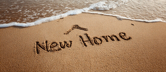 Fototapeta premium New Home Handwritten in Beach Sand with Minimalist One-Line House Drawing – Wide Banner Layout for Real Estate and Moving Day Promotions