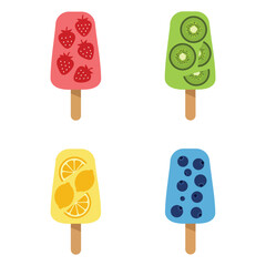 Colorful Fruit Popsicles Collection Strawberry Kiwi Lemon and Blueberry Treats