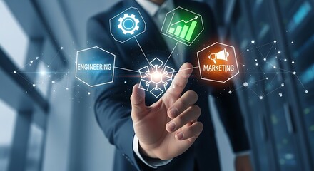 A businessman interacts with a digital interface displaying engineering, marketing, and growth icons, representing business processes.