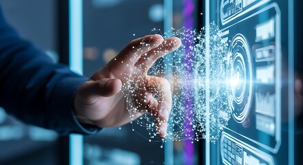 A hand interacting with a digital interface, particles forming the connection.