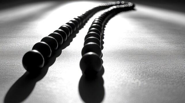 Two parallel lines of dark spheres, sharply focused, creating a sense of order and perspective