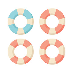 Fototapeta premium Collection of colorful lifebuoys on white background for beach safety and rescue