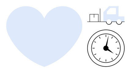Heart symbol, delivery truck with cargo, and clock emphasize love, punctuality, logistics, and efficiency. Ideal for logistics services, delivery, time management customer care e-commerce