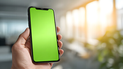 Person Holding Mobile Phone with Chroma Key Display in Sunlit Indoor Setting