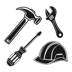 Collection of essential construction and repair tools including a hammer adjustable wrench screwdriver and hard hat