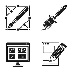 Set of four flat design icons representing graphic design tools and digital creation processes