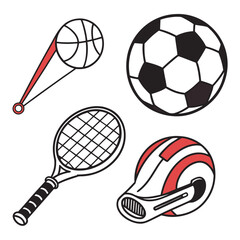 Collection of stylized sports equipment including a basketball soccer ball tennis racket and whistle on a white background