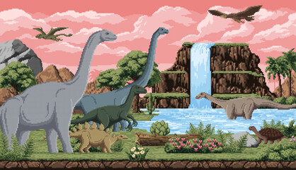 Prehistoric dinosaurs on 8bit pixel art game landscape of Jurassic era, vector background. Dinosaurs, lizards and reptiles in jungle forest in 8 bit pixel landscape with lake for kids dino park game © Vector Tradition
