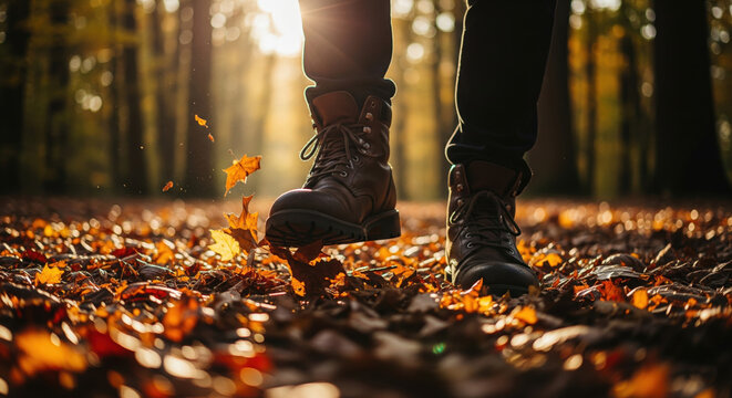 close upp on shoses of man walking in autumn park