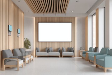 Modern waiting room with light wood accents and comfortable seating