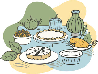 Fall harvest table with pies and pumpkins illustration autumn setup