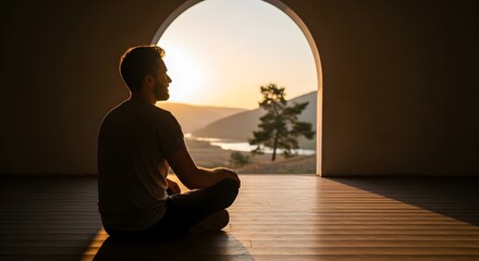 Man meditating silhouette inside arched doorway overlooking sunset landscape with hills trees and a body of water reflecting the warm light