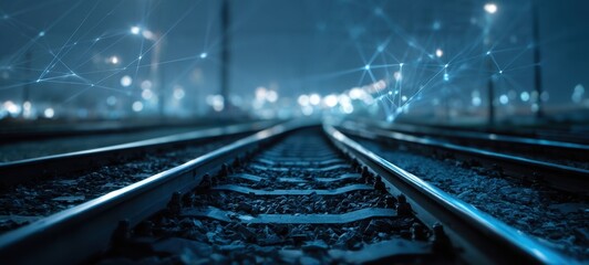 Fototapeta premium The Railway Tracks Illuminated by a Digital Network in the Night.