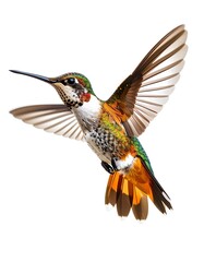 Obraz premium A vibrant Rufous Hummingbird captured in mid-flight, showcasing its iridescent green and orange plumage against a clean white background.