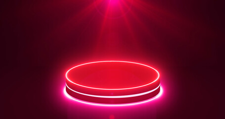 Minimalist podium with moving light in 4K.Suitable for product showcase, presentation, and promotion. Shiny Light Stage BG with Black Cylinder Podium.Empty display podium.