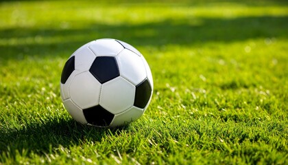 Fototapeta premium Classic black-and-white soccer ball resting on a green grassy field in bright daylight