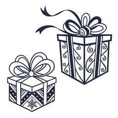 Two decorative gift boxes with bows and ribbons one featuring intricate scrollwork and the other a snowflake pattern