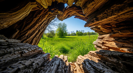 Obraz premium A unique perspective of NATURE's beauty through a hollow log, showcasing a vibrant green meadow under a clear blue sky.