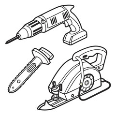 Collection of hand drawn black and white line art illustrations of power tools including a drill circular saw and reciprocating saw