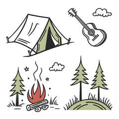Doodle style illustration of a camping scene with a tent campfire guitar trees and clouds