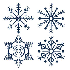 Collection of four stylized geometric snowflakes in dark blue on a white background