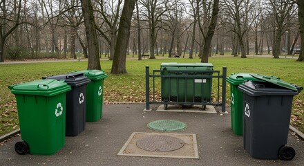 Trash and Recycling Bins in Park