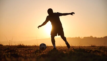Silhouette of a soccer player in mid-action, preparing to kick a ball at sunset