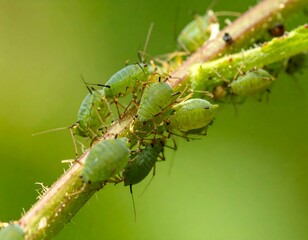 Macro view of a green aphid colony infesting a vibrant plant stem in a sunlit garden.