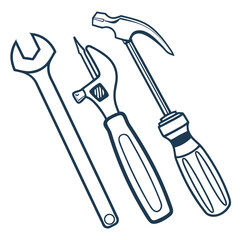 Collection of hand tools including a wrench adjustable wrench and hammer with screwdriver handle presented in a clean line art style