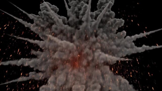Dramatic explosion with smoke, fire, debris suitable for action movie posters, special effects visual demonstrations, and video game design.