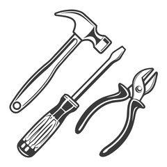 A classic illustration of a claw hammer a phillips head screwdriver and wire cutting pliers arranged on a white background