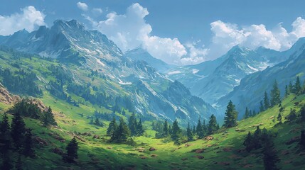 Fototapeta premium Scenic mountain landscape with rolling hills, majestic peaks, and lush green valleys under a clear blue sky