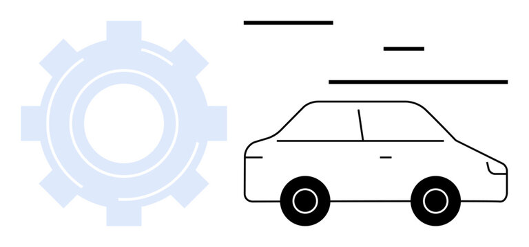 Black outline of a car with a large faded cogwheel icon suggesting innovation, speed, and technology. Ideal for automotive, mechanics, manufacturing, automation, transportation, efficiency simple