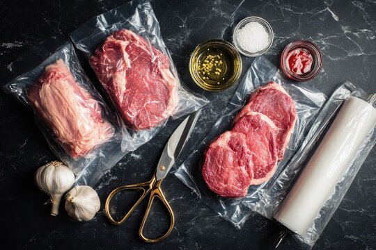 Vacuum-sealed steak packages with culinary accouterments
