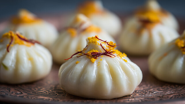 Modak, extreme close-up of handmade steamed modaks with pleated design