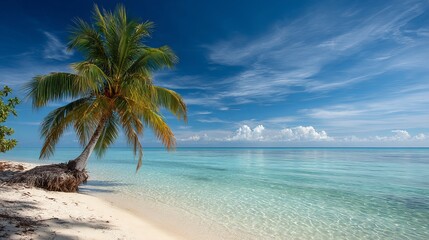 Obraz premium Sunny tropical beach with palm trees and blue ocean horizon for summer vacation and luxury travel