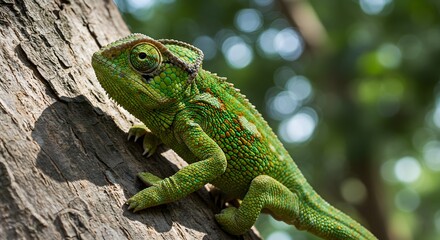 Fototapeta premium Chameleon on tree trunk