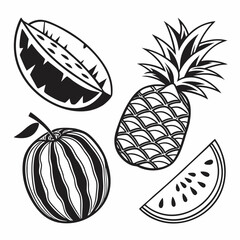 Stylized black and white illustrations of a pineapple watermelon slice whole watermelon and starfruit slice on a white background